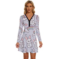 Seamless-pattern-with-cute-rabbit-character Long Sleeve Deep V Mini Dress  by pakminggu