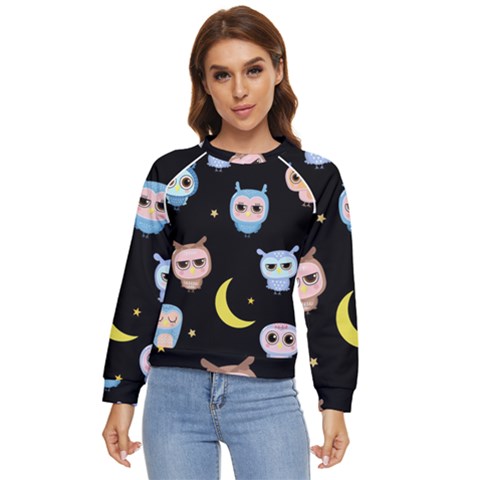 Cute-owl-doodles-with-moon-star-seamless-pattern Women s Long Sleeve Raglan Tee by pakminggu