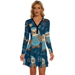 Seamless-pattern-owls-dreaming Long Sleeve Deep V Mini Dress  by pakminggu