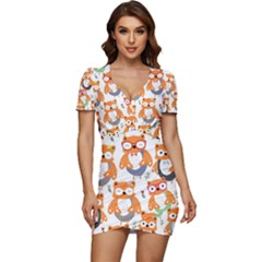 Cute-colorful-owl-cartoon-seamless-pattern Low Cut Cap Sleeve Mini Dress by pakminggu