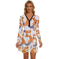 Cute-colorful-owl-cartoon-seamless-pattern Long Sleeve Deep V Mini Dress  by pakminggu