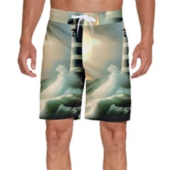 Sea Ocean Waves Lighthouse Nature Men s Beach Shorts by uniart180623