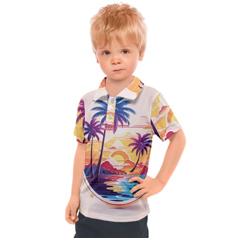 Nature Tropical Palm Trees Sunset Kids  Polo T-shirt by uniart180623