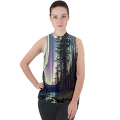 Northern Lights Aurora Borealis Mock Neck Chiffon Sleeveless Top by uniart180623