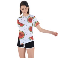 Seamless Background Pattern With Watermelon Slices Asymmetrical Short Sleeve Sports T-shirt by pakminggu