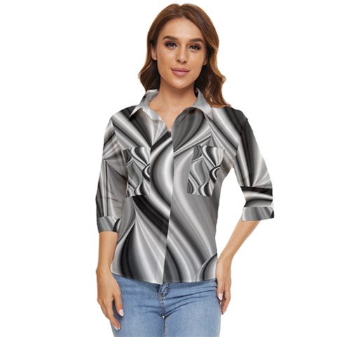 Waves-black-and-white-modern Women s Quarter Sleeve Pocket Shirt by Bedest