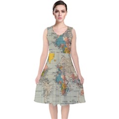 Vintage World Map V-neck Midi Sleeveless Dress  by Cowasu