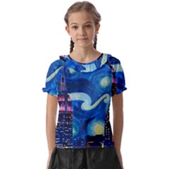 Starry Night In New York Van Gogh Manhattan Chrysler Building And Empire State Building Kids  Frill Chiffon Blouse by Sarkoni