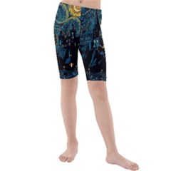 Castle Starry Night Van Gogh Parody Kids  Mid Length Swim Shorts by Sarkoni