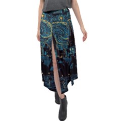 Castle Starry Night Van Gogh Parody Velour Split Maxi Skirt by Sarkoni