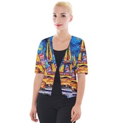 Eiffel Tower Starry Night Print Van Gogh Cropped Button Cardigan by Sarkoni