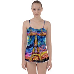 Eiffel Tower Starry Night Print Van Gogh Babydoll Tankini Top by Sarkoni