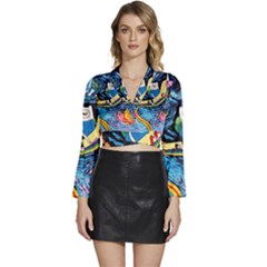 Cartoon Parody  Art Starry Night Van Gogh Long Sleeve Tie Back Satin Wrap Top by Sarkoni