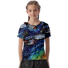 Spaceship Galaxy Parody Art Starry Night Kids  Frill Chiffon Blouse by Sarkoni