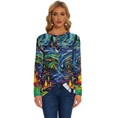 Dog Cartoon Starry Night Print Van Gogh Parody Long Sleeve Crew Neck Pullover Top by Sarkoni