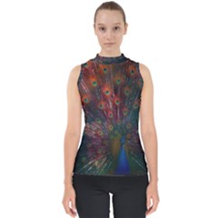 Peacock Feather Bird Mock Neck Shell Top by Bedest