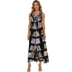 Book Collection In Brown Wooden Bookcases Books Bookshelf Library V-neck Sleeveless Loose Fit Overalls by Ravend