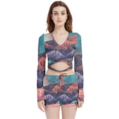 Adventure Psychedelic Mountain Velvet Wrap Crop Top And Shorts Set by Ndabl3x