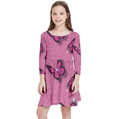 Pink Glitter Butterfly Kids  Quarter Sleeve Skater Dress by Ndabl3x