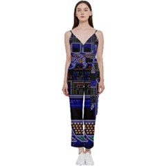 Blue Computer Monitor With Chair Game Digital Art V-neck Camisole Jumpsuit by Bedest