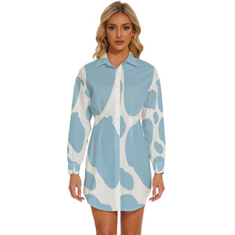 Cow Print, Aesthetic, Y, Blue, Baby Blue, Pattern, Simple Womens Long Sleeve Shirt Dress by nateshop