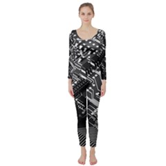 Black And Gray Circuit Board Computer Microchip Digital Art Long Sleeve Catsuit by Bedest