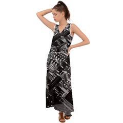 Black And Gray Circuit Board Computer Microchip Digital Art V-neck Chiffon Maxi Dress by Bedest