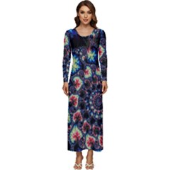 Psychedelic Colorful Abstract Trippy Fractal Long Sleeve Longline Maxi Dress by Bedest