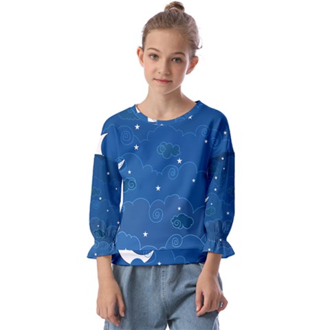 Sky Night Moon Clouds Crescent Kids  Cuff Sleeve Top by Proyonanggan