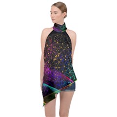 Particles Waves Line Multicoloured Halter Asymmetric Satin Top by Proyonanggan