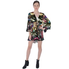 Psychedelic Funky Trippy V-neck Flare Sleeve Mini Dress by Sarkoni