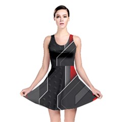 Gamer Tech Black Mesh Red Modern Shape Texture Geometric Pattern Reversible Skater Dress by Sarkoni