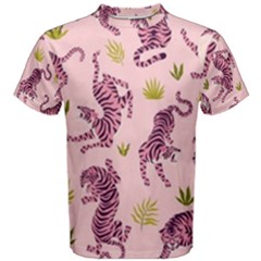 Pink Tigers And Tropical Leaves Patern Men s Cotton T-shirt by Sarkoni