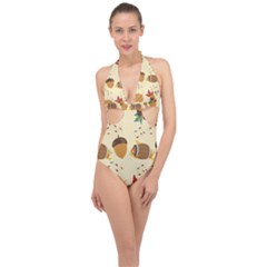 Leaves Foliage Acorns Barrel Halter Front Plunge Swimsuit by Ndabl3x