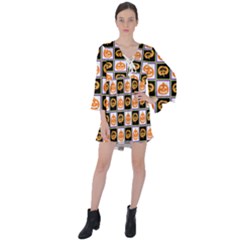 Chess Halloween Pattern V-neck Flare Sleeve Mini Dress by Ndabl3x