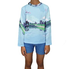 Japanese Themed Pixel Art The Urban And Rural Side Of Japan Kids  Long Sleeve Swimwear by Sarkoni