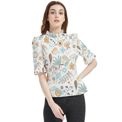 Pattern Flower Leaves, Frill Neck Blouse by Grandong