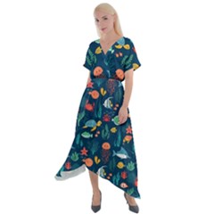 Fish Sea Animals Pattern Cross Front Sharkbite Hem Maxi Dress by Ndabl3x