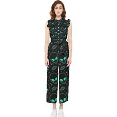 Alien Green Black Pattern Women s Frill Top Chiffon Jumpsuit by Ndabl3x