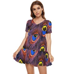 Peacock-feathers,blue,yellow Tiered Short Sleeve Babydoll Dress by nateshop