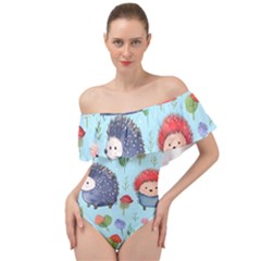 Hedgehogs Animal Off Shoulder Velour Bodysuit  by Pakjumat