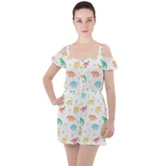 Animals Dinosaurs T-rex Pattern Ruffle Cut Out Chiffon Playsuit by Pakjumat