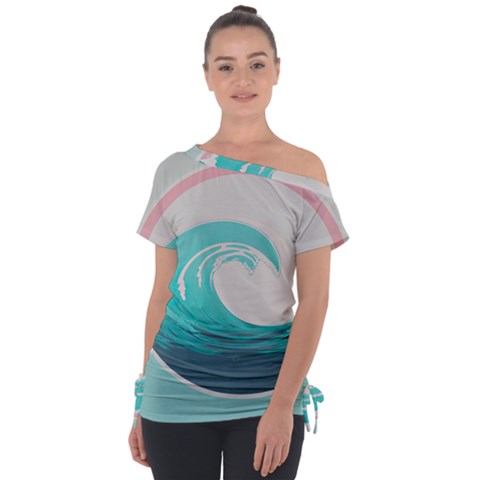 Tidal Wave Ocean Sea Tsunami Wave Minimalist Off Shoulder Tie-up T-shirt by uniart180623