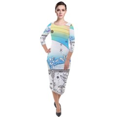 Rainbow Fun Cute Minimal Doodle Drawing Quarter Sleeve Midi Velour Bodycon Dress by uniart180623