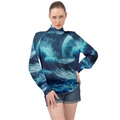 Moonlight High Tide Storm Tsunami Waves Ocean Sea High Neck Long Sleeve Chiffon Top by uniart180623