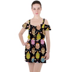 Cute Owls Pattern Ruffle Cut Out Chiffon Playsuit by Ket1n9