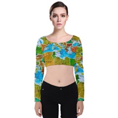 World Map Velvet Long Sleeve Crop Top by Ket1n9