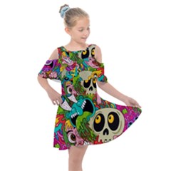 Crazy Illustrations & Funky Monster Pattern Kids  Shoulder Cutout Chiffon Dress by Ket1n9