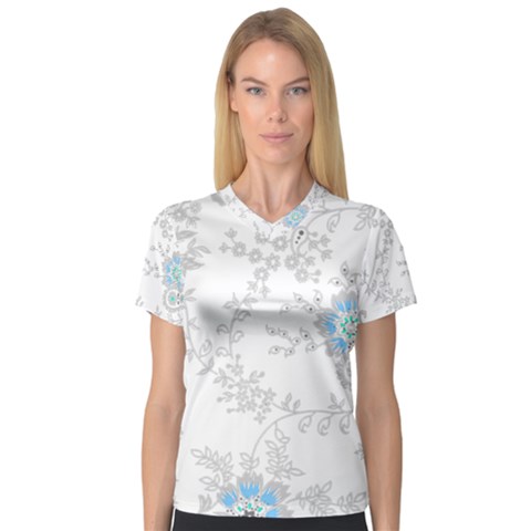 Traditional Art Batik Flower Pattern V-neck Sport Mesh T-shirt by Ket1n9