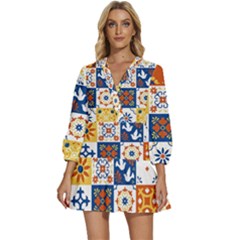 Mexican-talavera-pattern-ceramic-tiles-with-flower-leaves-bird-ornaments-traditional-majolica-style- V-neck Placket Mini Dress by Ket1n9